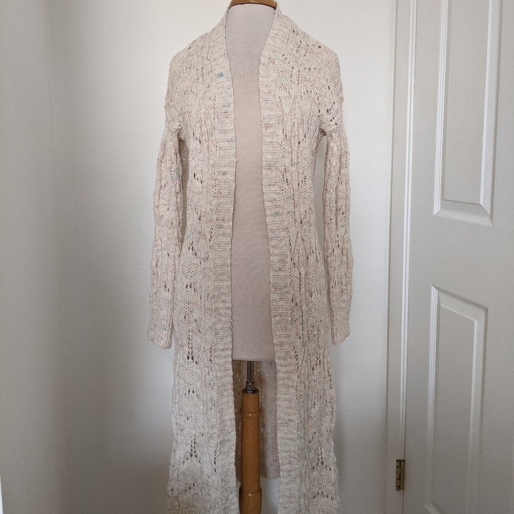 Anthropologie Pilcro Pointelle Cream Knit Cardigan Maxi